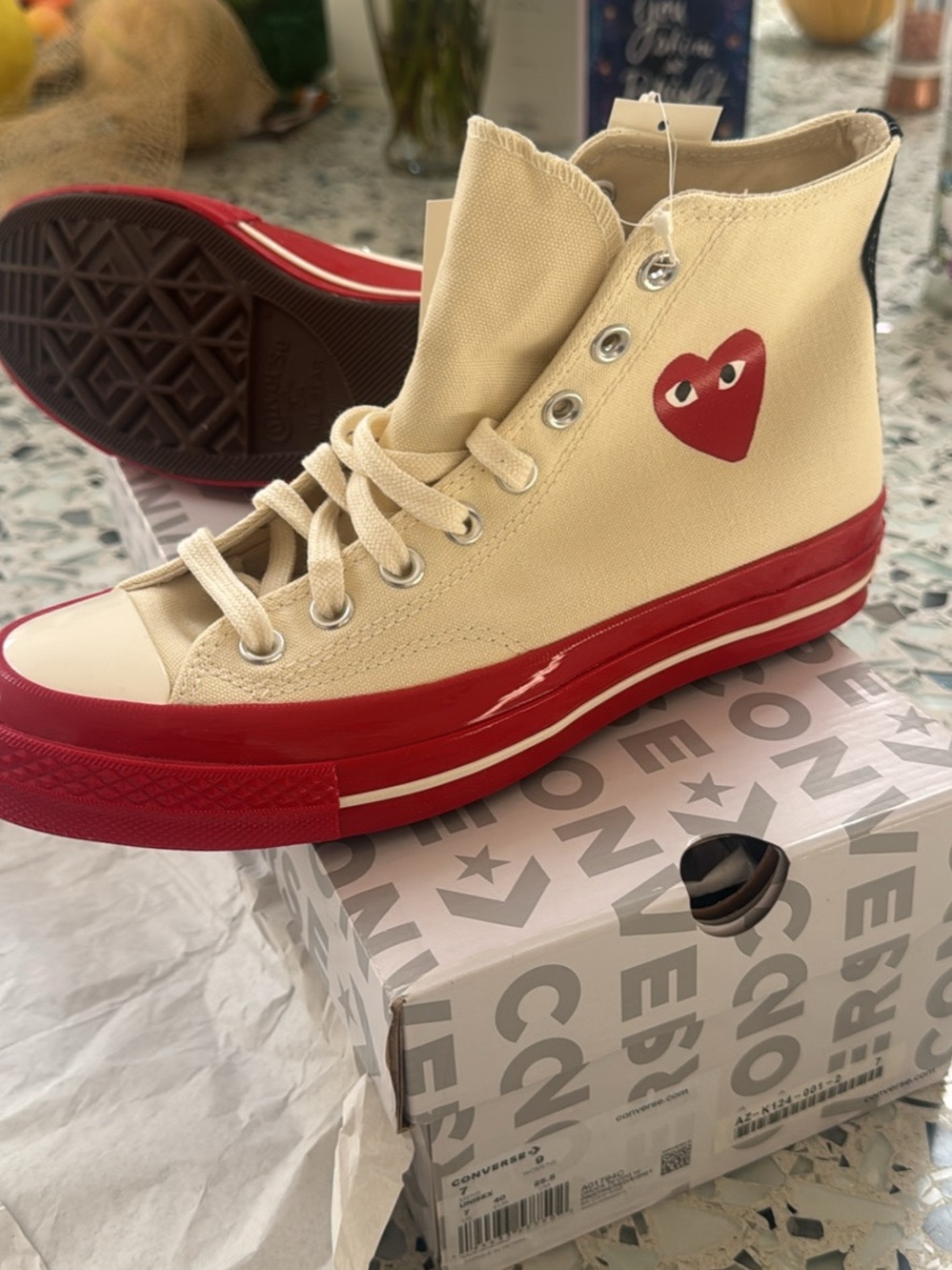 Converse Beige Comme des Garçon High-Top Sneakers with Red Heart and Red Sole